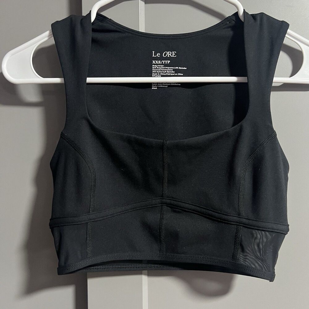 Le Ore Andria Mesh Panel Paddless Square Neck Sports Bra Black XXS Gym Workout